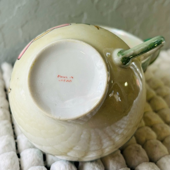 Lusterware Tea Cups Set of 2 Green White & Floral Art Deco VTG Hand Painted - Picture 9 of 9